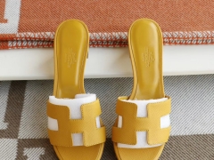 HERMES 9D琥珀黄 H中跟4.5拖鞋 爱马仕 Epsom 34-42码