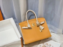 爱马仕 30birkin 山羊皮 太阳黄拼奶昔白 金扣 蜡线手缝