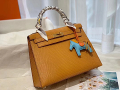 kelly28 进口西班牙 蜥蜴皮 稻草黄/金扣 老工匠 蜡线纯手工缝制