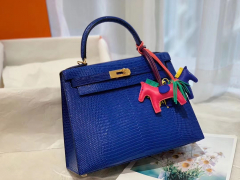 kelly28 进口西班牙 蜥蜴皮 7T电光蓝/金扣 老工匠 蜡线纯手工缝制