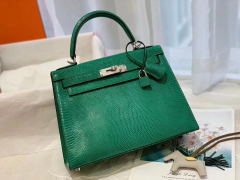 kelly28 进口西班牙 蜥蜴皮 U4丝绒绿/银扣 老工匠 蜡线纯手工缝制