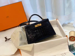 HERMES minikelly 二代 19亮光鳄鱼 午夜蓝金扣 美洲方块 蜡线纯手缝