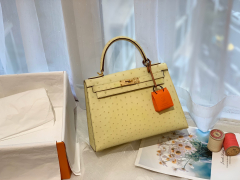 HERMES kelly 28 1Z小鸡黄 金扣 原厂南非KK Ostrich 鸵鸟皮 蜡线 顶级纯手缝  萌萌小鸡黄超可爱?