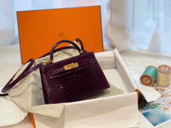 HERMES minikelly 二代 19亮光鳄鱼 水晶紫金扣 美洲方块 蜡线纯手缝