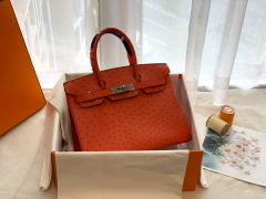 HERMES Q5 大红银扣 30 birkin 南非鸵鸟皮Ostrich 鸵鸟皮经久耐用 耐磨 自重轻 越用越有光泽