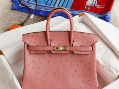 爱马仕 3Q奶昔粉 Birkin25CM 铂金包 南非KK鸵鸟皮 老师傅全手缝 金扣