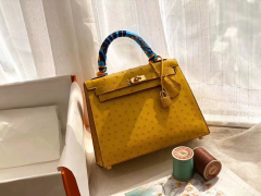 爱马仕 Kelly25 南非鸵鸟皮 Ostrich 9O那不勒斯黄 金扣 蜡线全手工 鸵鸟皮越用越有光泽
