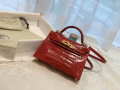 HERMES minikelly 二代  19 亮光鳄鱼 国旗红金扣 美洲方块 蜡线纯手缝