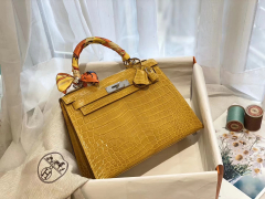 爱马仕 9D琥珀黄 银扣 kelly 28 亮光 nilo尼罗两点鳄鱼皮