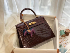 HERMES 57波尔多酒红 金扣 kelly 28 亮光 nilo尼罗两点鳄鱼皮