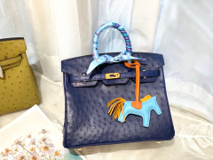 HERMES 25birkin 小可爱 进口南非kk鸵鸟皮 宝石蓝 金扣 顶级蜡线纯手缝