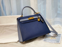 HERMES 28 Kelly epsom 皮 73宝石蓝拼J7亚麻蓝 金扣 喜欢的可以订制