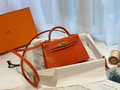 HERMES minikelly 二代 19亮光鳄鱼 火焰橙金扣 美洲方块 蜡线纯手缝