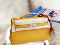 爱马仕 百搭首选 宴会手挽款 9D琥珀黄 银扣 22 mini kelly 一代/Kelly pochette 原厂御用 进口Swift皮 蜡线手缝工艺