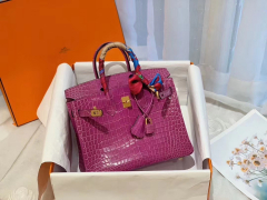 HERMES 5J浅梅紫 porosus湾鳄倒v 金扣 birkin 25  温柔小女人气质