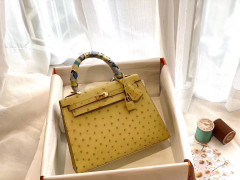 HERMES Kelly25 南非鸵鸟皮 Ostrich 1Z小鸡黄 金扣 蜡线全手工 鸵鸟皮越用越有光泽