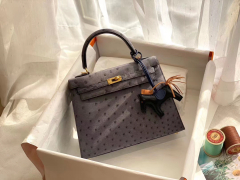 爱马仕 Kelly25 南非鸵鸟皮 Ostrich 81 玛瑙灰 金扣 蜡线全手工 鸵鸟皮越用越有光泽