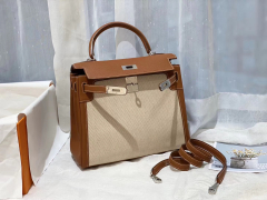 HERMES kelly 28 swift金棕拼帆布 银扣 低调内敛