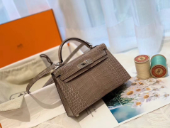 HERMES minikelly 二代 19亮光鳄鱼 斑鸠灰 银扣 美洲方块 蜡线纯手缝