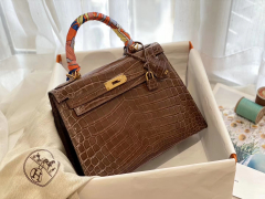 爱马仕 M1灰棕 栗子棕 金扣 kelly 28 亮光 nilo尼罗两点鳄鱼皮