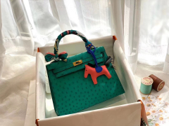 爱马仕 Kelly25 南非鸵鸟皮 Ostrich 6R薄荷绿 金扣 蜡线全手工 鸵鸟皮越用越有光泽