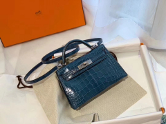 HERMES minikelly 二代 19亮光鳄鱼 鸭子蓝 银扣 美洲方块 蜡线纯手缝