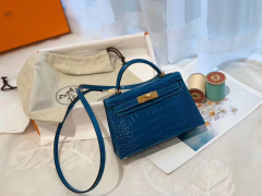 HERMES minikelly 二代 19亮光鳄鱼 伊兹密尔蓝金扣 美洲方块 蜡线纯手缝