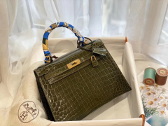 爱马仕 6H橄榄绿 金扣 kelly 28 亮光 nilo尼罗两点鳄鱼皮