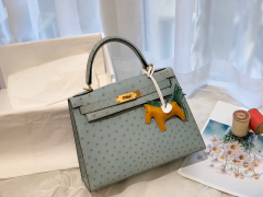 HERMES kelly 28 J7亚麻蓝 金扣 原厂南非KK Ostrich 鸵鸟皮 蜡线 顶级纯手缝  清新淡雅蓝