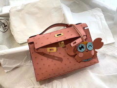HERMES 闺蜜粉  94陶瓷粉 金扣 鸵鸟皮 22 Kelly pochette一代 手包晚宴包/配上猪鼻子链可当小挎包