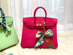 HERME 25birkin 小可爱 进口南非kk鸵鸟皮 玫红 金扣 顶级蜡线纯手缝