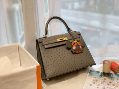 HERMES kelly 28  8F锡器灰 金扣 原厂南非KK Ostrich 鸵鸟皮 蜡线 顶级纯手缝  高级灰