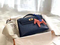 HERMES 73宝石蓝金扣 鸵鸟皮 22 Kelly pochette一代 手包晚宴包/配上猪鼻子链可当小挎包
