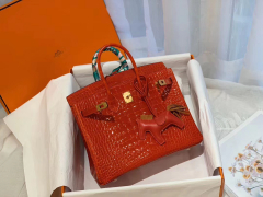 爱马仕 D5天竺葵红Geranium Alligateor 方块 美洲鳄 金扣 birkin 25