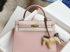 3Q樱花粉 金扣 Kelly25CM 专柜原厂Epsom皮 凯丽凯莉包 纯手缝蜡线缝制工艺