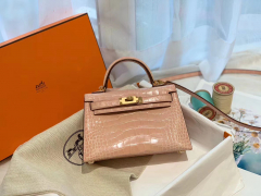 HERMES minikelly 二代 19亮光鳄鱼 裸粉金扣 美洲方块 蜡线纯手缝 现货好价