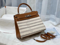 爱马仕 Kelly 28 马鞍皮拼链条布 银扣 最爱限量款