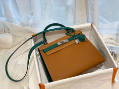 HERMES 28 Kelly epsom 皮 孔雀绿拼土黄 银扣 喜欢的可以订制