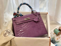 HERMES 5H薰衣草紫 银扣 kelly 28 亮光 nilo尼罗两点鳄鱼皮