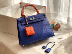 爱马仕 Kelly25 南非鸵鸟皮 Ostrich 73宝石蓝 银扣 蜡线全手工 鸵鸟皮越用越有光泽