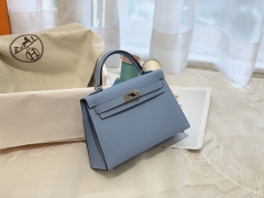 爱马仕女包 mini kelly 二代 epsom 银扣 BB蓝