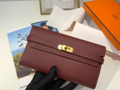HERMES epsom 皮 57 波尔多酒红 金扣 Kelly经典钱包 搭配猪鼻子长项链 秒变小斜挎包