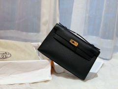 HERMES epsom 皮 89 黑色 金刚色 百搭 22 Kelly pochette/一代 手包晚宴包/配上猪鼻子链可当小挎包哦