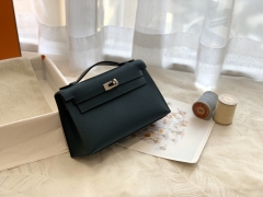 爱马仕 epsom 皮 60 松柏绿银扣 22 Kelly pochette/一代 手包晚宴包/配上猪鼻子链可当小挎包哦