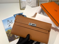 HERMES epsom 皮 CK 37 金棕 银扣 Kelly经典钱包 搭配猪鼻子长项链 小斜挎包