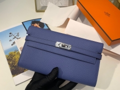 爱马仕 epsom 皮 7E 明蓝 银扣 Kelly经典钱包 搭配猪鼻子长项链 秒变小斜挎包