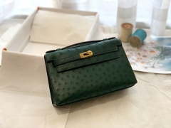爱马仕女包价格 Mini Kelly 一代手包 南非鸵鸟 Z6 孔雀绿 金扣