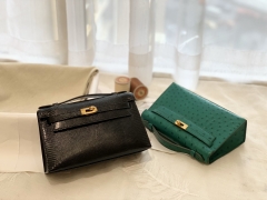 爱马仕香港官网 新到现货 Kelly pochette 22 一代 lizard蜥蜴皮 89黑色 金扣
