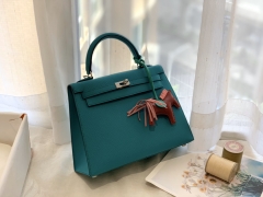 Hermes爱马仕中国官网 现货stock  25kelly epsom 7F 孔雀蓝 银扣