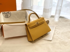 HERMES 爱马仕女包 mini kelly 二代 19cm espom  银扣 9D琥珀黄 发财黄 盛夏的颜色